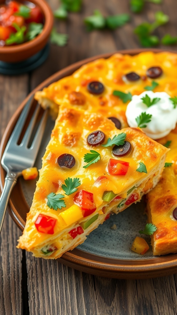 A slice of quesadilla quiche with a golden crust, filled with cheese and vegetables, garnished with cilantro, served with sour cream and salsa.